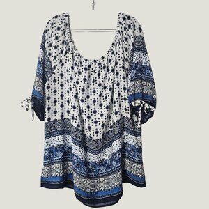 Naif Womens Boho Blue & White Floral Short Sleeve Tunic Top Plus Size 3X